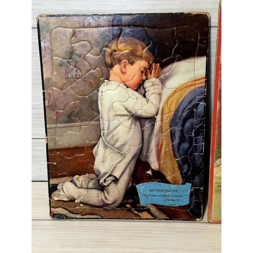Vintage Bedtime Prayer & Charlotte Becker Baby Puppy Cardboard Tray Puzzles Set